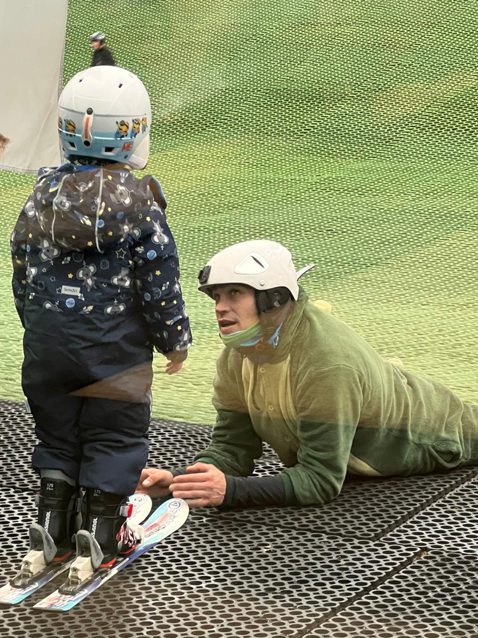 Lessons with the youngest — instructor in a dinosaur suit